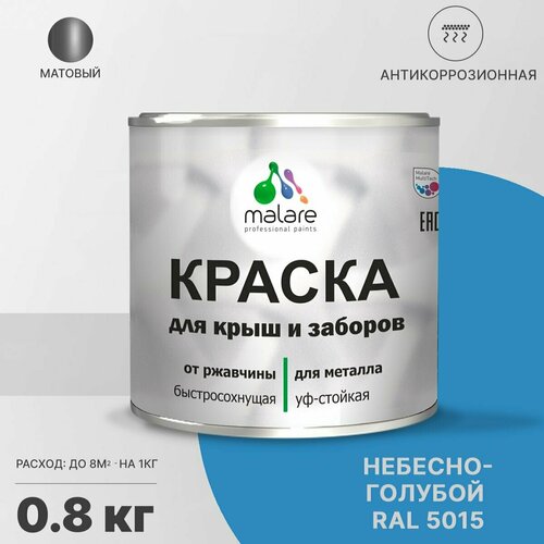 Краска Malare для металлического забора, для крыши из металла, для металлочерепицы, антикоррозионная, матовый, небесно-голубой, 0,8 кг. фото