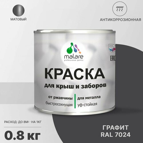 Краска Malare для металлического забора, для крыши из металла, для металлочерепицы, антикоррозионная, матовый, графитово-серый(темный), 0,8 кг. фото