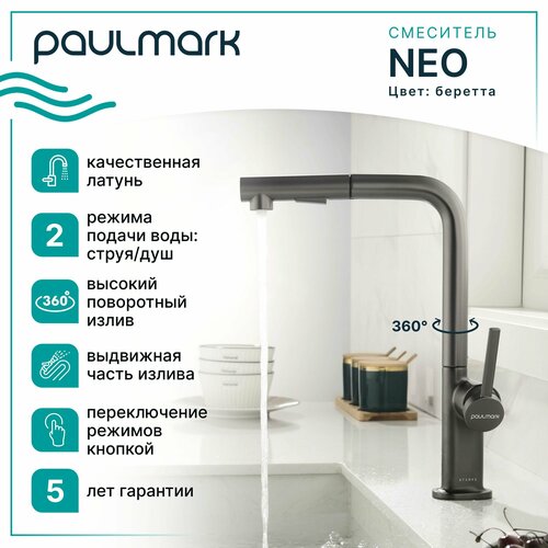 Смеситель для кухни с гибким выдвижным изливом Paulmark-Starke NEO, высокий поворотный излив, режимы струя / душ, однорычажный, латунь, на мойку / столешницу, беретта, Ne214419-B фото