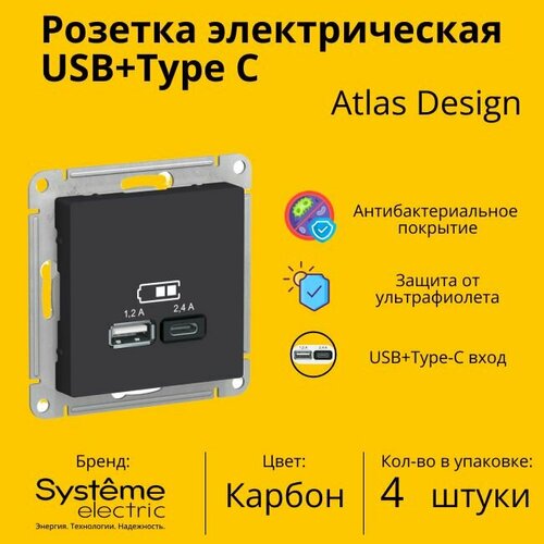 Розетка электрическая Schneider Electric (Systeme Electric) Atlas Design USB+Type C Карбон ATN001039 - 4 шт. фото