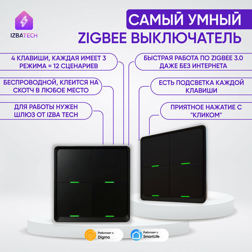 Умный беспроводной четырехклавишный выключатель Zigbee на батарейках повторитель черный на 4 клавиши 12 каналов фото