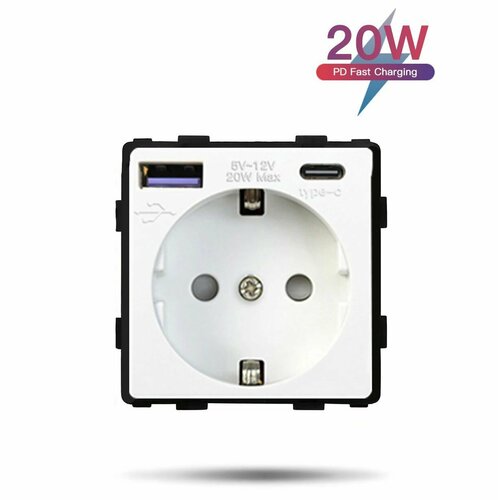 Механизм розетки (без рамки) с Usb/Type-C АC, быстрая зарядка 20W, цвет белый фото