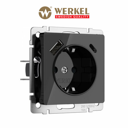 Розетка с заземлением, шторками и USB тип A+C Werkel W1171748 черный акрил IP20 фото