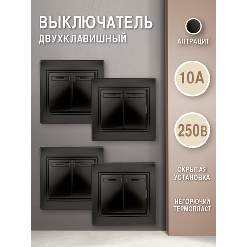 Выключатель двухклавишный (комплект 4 шт.), 10А-250В, IP20, СУ, антрацит фото