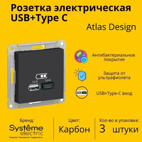 Розетка электрическая Schneider Electric (Systeme Electric) Atlas Design USB+Type C Карбон ATN001039 - 3 шт. фото