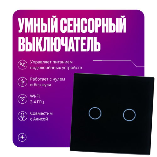 Умный сенсорный двухклавишный WI-FI выключатель на 2000вт, без нуля и с нулем фото