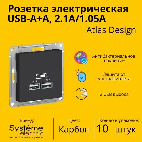 Розетка электрическая Schneider Electric (Systeme Electric) Atlas Design USB-A, Карбон ATN01033 - 10 шт. фото