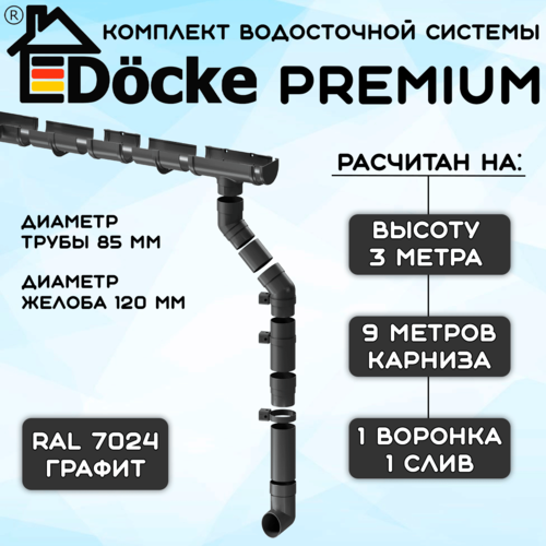 Комплект водосточной системы Docke Premium графит 9 метров (120мм/85мм) водосток для крыши Дёке Премиум серый (RAL 7024) фото