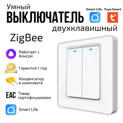 Умный выключатель Tuya ZigBee, две клавиши, в умный дом, Алисой фото