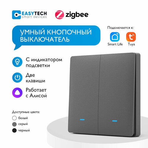 Умный выключатель Zigbee кнопочный двухклавишный переключатель света с индикатором подсветки, серый фото