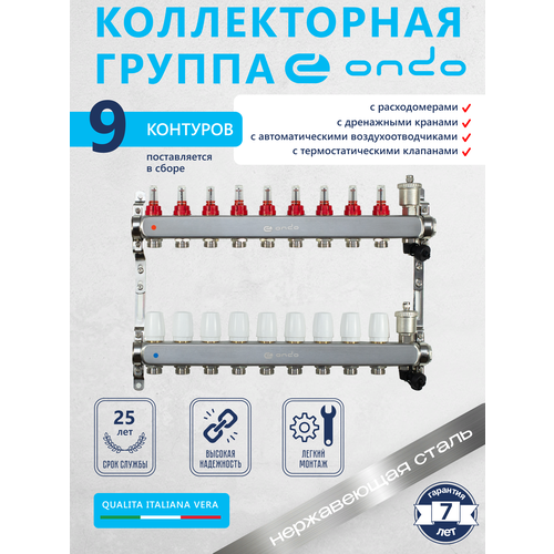 Коллекторная группа ONDO на 9 выходов с расходомерами и термостатическими клапанами в сборе с автоматическим воздухоотводчиком, нержавеющая сталь фото