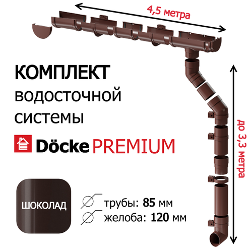 Водосточная система, Docke Premium, 4,5м/3,3 м, RAL 8019, цвет шоколад, комплект. фото