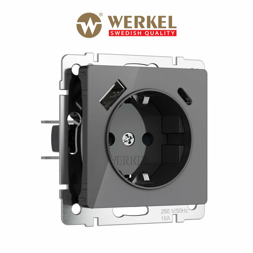 Розетка с заземлением, шторками и USB тип A+C Werkel W1171744 графит акрил IP20 фото