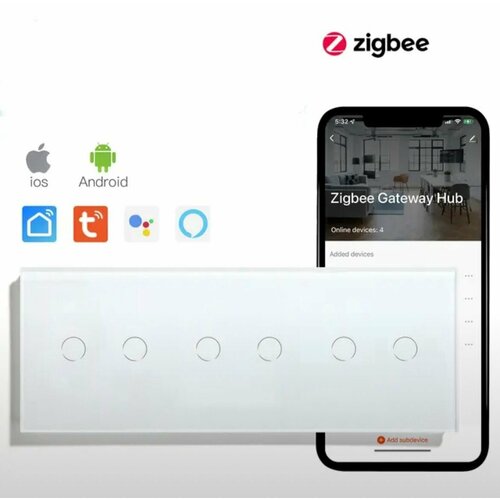 Умный сенсорный выключатель wi-fi Zigbee с Алисой 6 клавиш фото