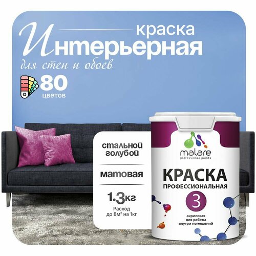 Краска акриловая (АК) Malare Professional №3 для стен и потолков матовая стальной голубой 1 л 1.3 кг фото