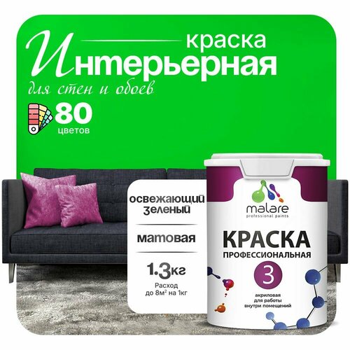 Краска акриловая (АК) Malare Professional №3 для стен и потолков матовая освежающий зеленый 1 л 1.3 кг фото