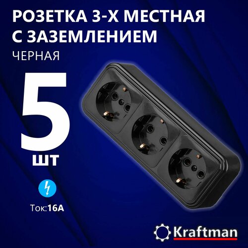 Розетка накладная наружней открытой установки трехместная RA 16-365-Ч 250В, 16А, IP20 с заземлением, черная, 5 шт фото