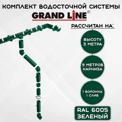 Комплект водосточной системы Grand Line зеленый 9 метров (120мм/90мм) водосток для крыши пластиковый Гранд Лайн зеленый мох (RAL 6005) фото