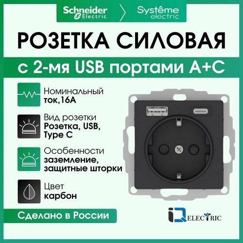 Розетка силовая со шторками 16А с 2 USB A+C 5В/2.4А//3.0А, 2х5В/1,5А карбон Schneider Electric Atlas Design ATN001032 фото