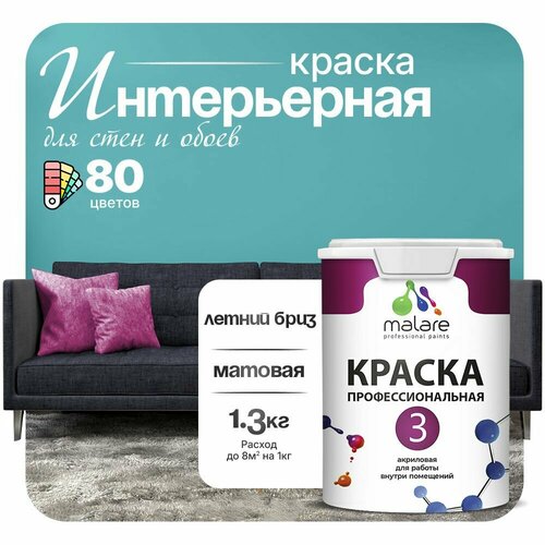 Краска акриловая (АК) Malare Professional №3 для стен и потолков матовая летний бриз 1 л 1.3 кг фото