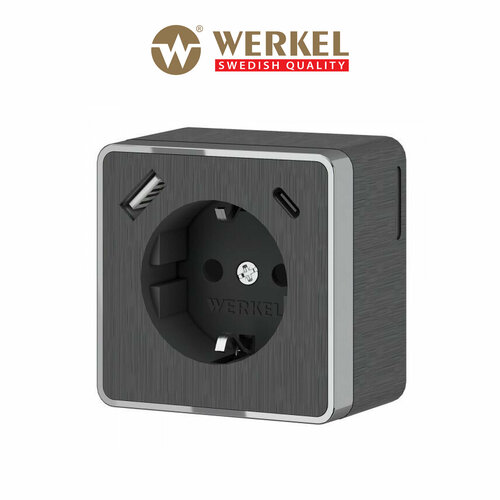 Розетка с заземлением, шторками и USB тип A+C Werkel Gallant W5071704 графит рифленый, с функцией быстрой зарядки IP20 фото