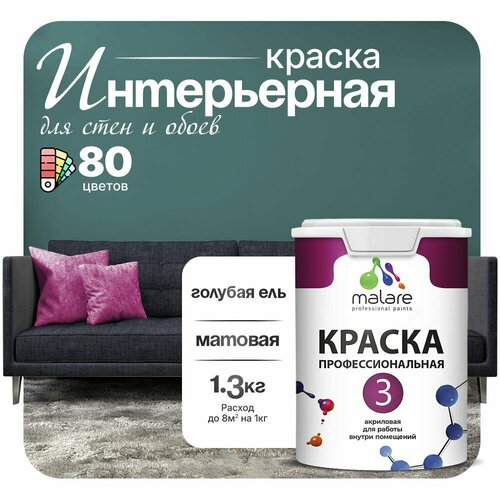 Краска акриловая (АК) Malare Professional №3 для стен и потолков матовая голубая ель 1 л 1.3 кг фото