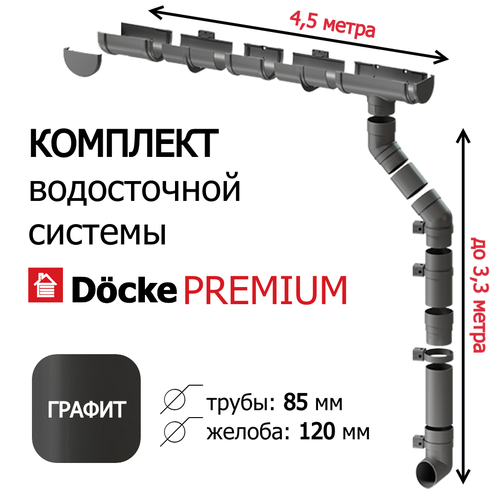 Водосточная система, Docke Premium, 4,5м/3,3м, RAL 7024, цвет графит, водосток на крышу дома пвх. фото