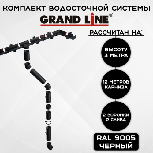 Комплект водосточной системы Grand Line черный 12 метров (120мм/90мм) водосток для крыши пластиковый Гранд Лайн янтарный черный (RAL 9005) фото