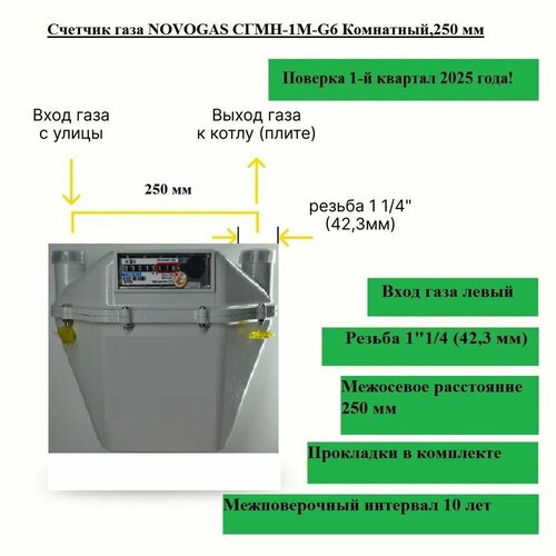 Счетчик газа NOVOGAS СГМН-1М-G6 Комнатный,250 мм, Слева-направо;2025 года выпуска и поверки. фото