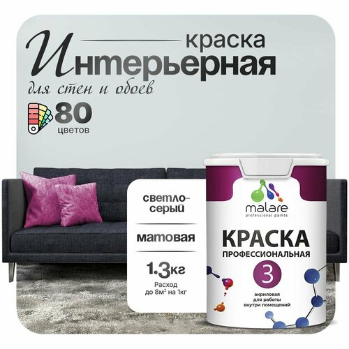 Краска акриловая (АК) Malare Professional №3 для стен и потолков матовая светло-серый 1 л 1.3 кг фото