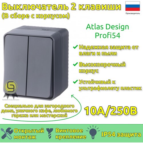 Выключатель двухклавишный накладной выключатель антрацит IP54 AtlasDesign Profi54 Schneider Electric (комплект из 2шт) фото