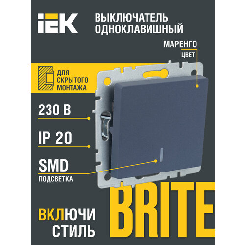 BRITE Выключатель 1-клавишный с индикацией 10А ВС10-1-1-БрМ маренго IEK фото