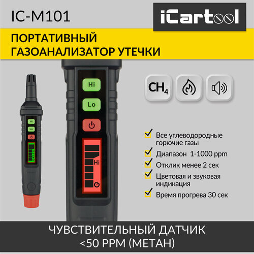 Портативный цифровой детектор утечки взрывоопасных газов 0-1000 ppm iCartool IC-M101 фото