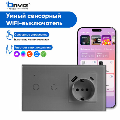 Умный сенсорный Wi-Fi выключатель с Алисой Tuya (серый) 2хклавишный с розеткой USB Type-C, универсальный без нуля и с нулем фото