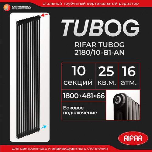 Радиатор отопления Rifar Tubog 2180 / 10 секций, боковое подключение, вертикальный, трубчатый, цвет Антрацит фото