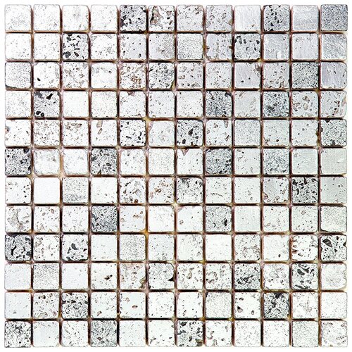 Мозаика Skalini PLT-2 из глянцево-матового (микс) травертина размер 30.5х30.5 см чип 23x23 мм толщ. 10 мм площадь 0.093 м2 на сетке фото