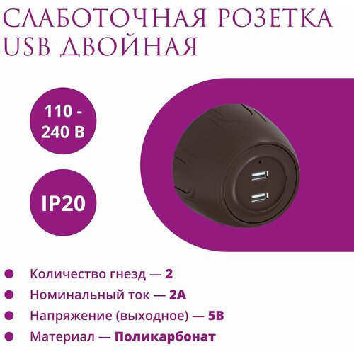 Розетка накладная двойная USB с подсветкой Rotondo (OneKeyElectro), коричневая фото