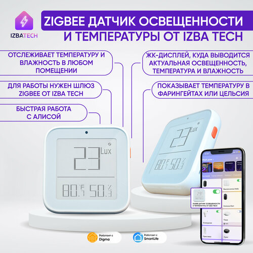 Умный датчик температуры влажности яркости с экраном для Алисы от Tuya с Zigbee фото