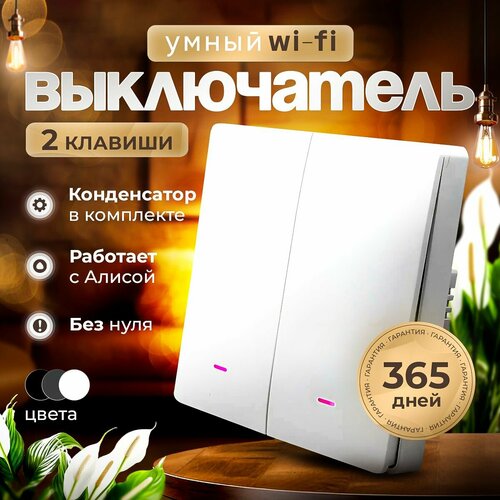 Умный выключатель с Алисой Wi-Fi, двухклавишный c конденсатором, белый фото