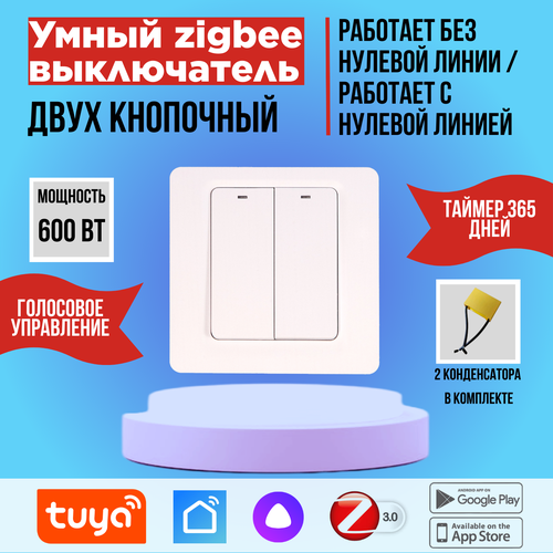 Умный двухкнопочный Zigbee выключатель света (без ноля) | Smartlife - Алиса фото