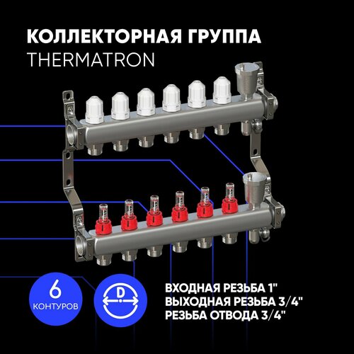 Коллекторная группа 1'х6 вых. Евроконус 3/4' с расходомерами, автомат. воздухоотвод ThermaTron (нерж. сталь) фото