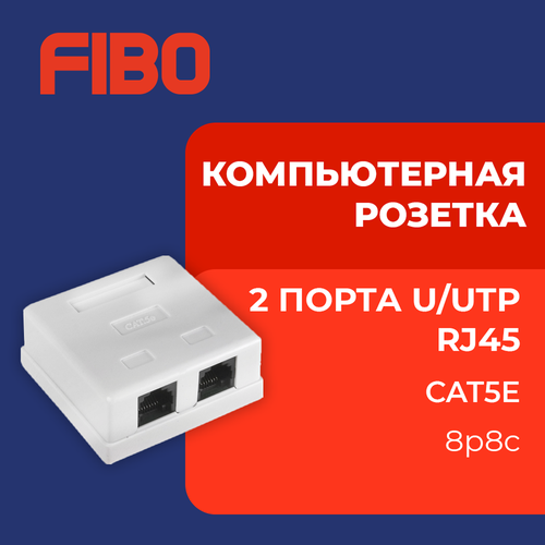 Розетка компьютерная 2 порта, RJ-45 (8p8c), категория 5e, внешняя накладная для сетевого кабеля фото