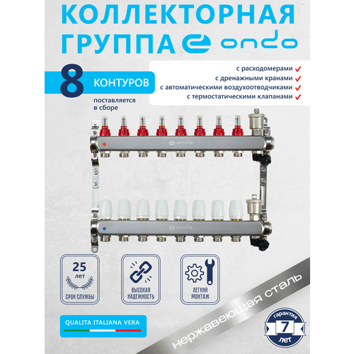 Коллекторная группа ONDO на 8 выходов с расходомерами и термостатическими клапанами в сборе с автоматическим воздухоотводчиком, нержавеющая сталь фото