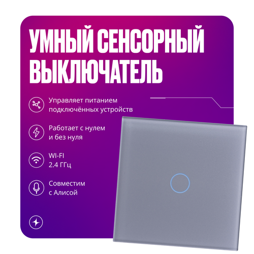 Умный сенсорный WIFI выключатель для Алисы без нуля и с нулем одноклавишный серый фото