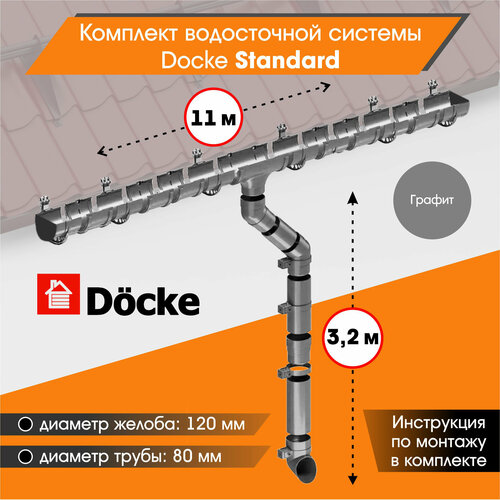 Комплект водосточной системы Docke Standard для ската 11м, Графит (RAL 7024) фото