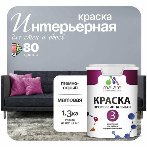 Краска акриловая (АК) Malare Professional №3 для стен и потолков матовая темно-серый 1 л 1.3 кг фото