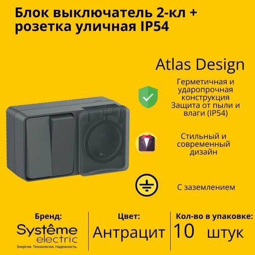 Блок выключатель+розетка IP54 пылевлагозащищенная 2-клавишная Schneider Electric (Systeme Electric) с заземлением, с защитными шторками фото