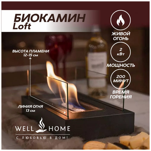 Биокамин WellHome настольный, камин декоративный, черный, прямоугольный фото