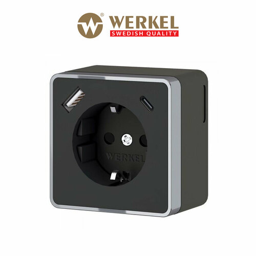 Розетка с заземлением, шторками и USB тип A+C Werkel Gallant W5071735 чёрный хром, с функцией быстрой зарядки IP20 фото