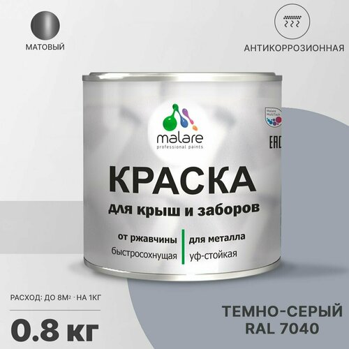 Краска Malare для металлического забора, для крыши из металла, для металлочерепицы, антикоррозионная, матовый, темно-серый, 0,8 кг. фото